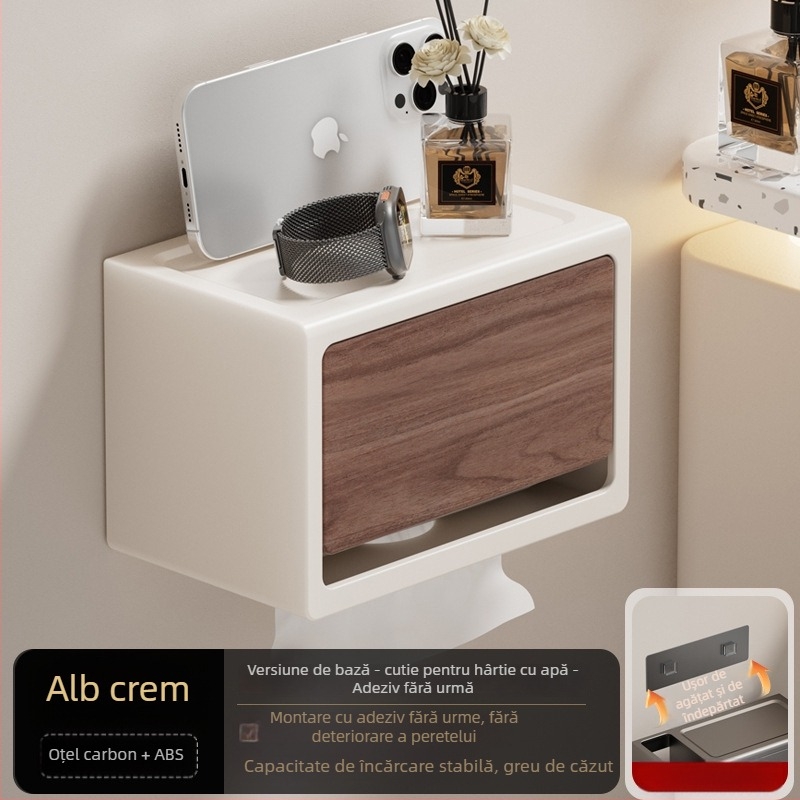 Suport de hârtie igienică montat pe perete, fără găuri, cu capac, aspect lemn nuc, impermeabil, formă pătrată, material: oțel carbon + ABS