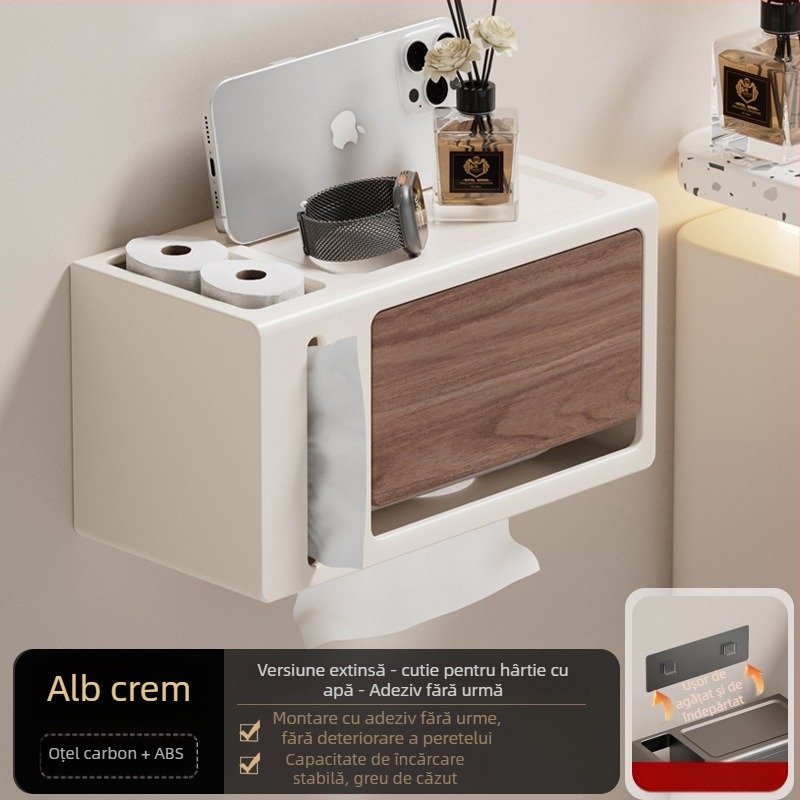 Suport de hârtie igienică montat pe perete, fără găuri, cu capac, aspect lemn nuc, impermeabil, formă pătrată, material: oțel carbon + ABS