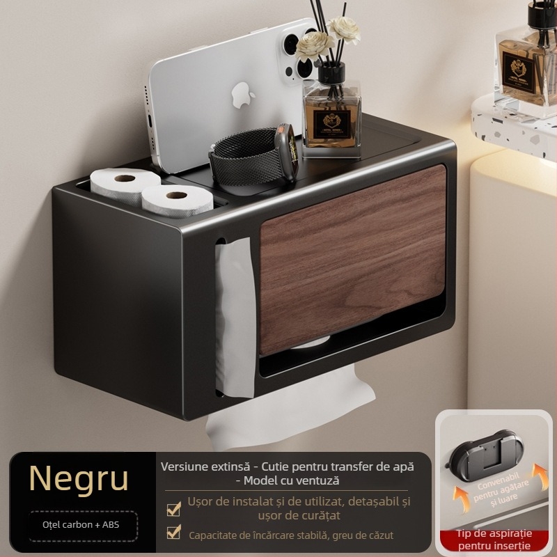 Suport de hârtie igienică montat pe perete, fără găuri, cu capac, aspect lemn nuc, impermeabil, formă pătrată, material: oțel carbon + ABS