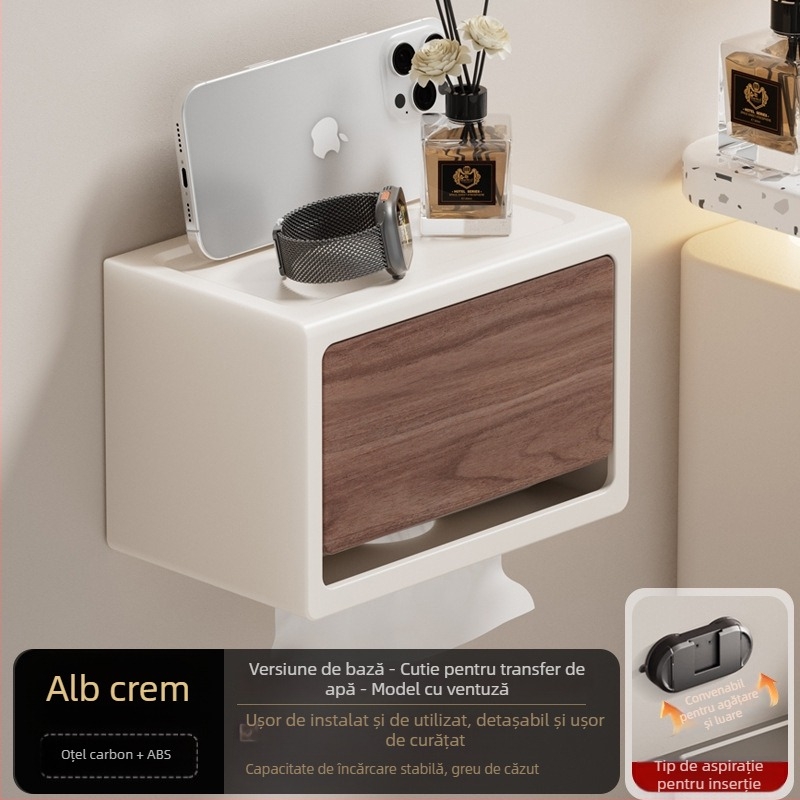 Suport de hârtie igienică montat pe perete, fără găuri, cu capac, aspect lemn nuc, impermeabil, formă pătrată, material: oțel carbon + ABS
