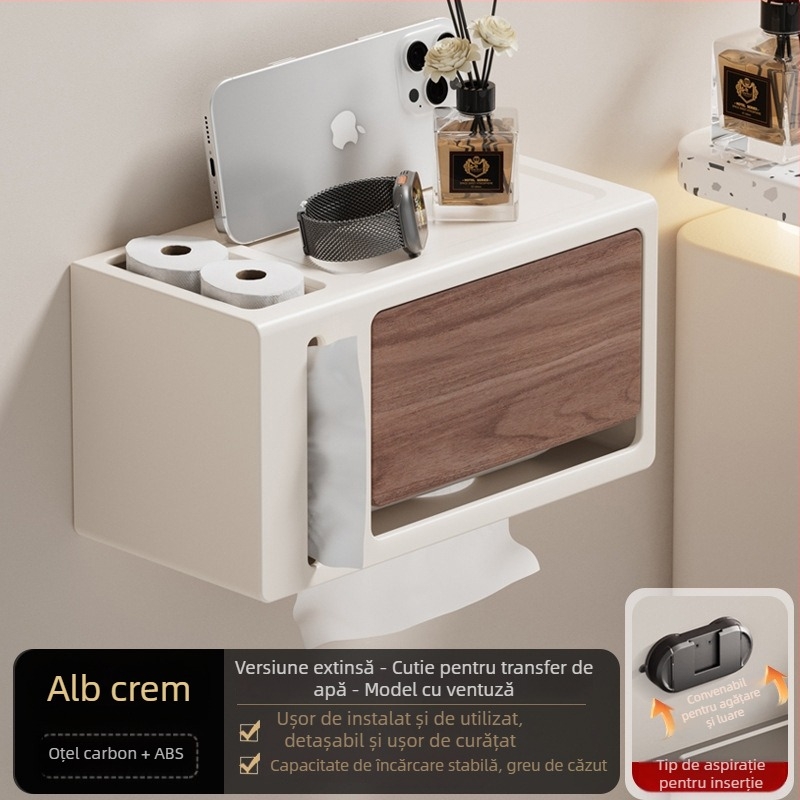 Suport de hârtie igienică montat pe perete, fără găuri, cu capac, aspect lemn nuc, impermeabil, formă pătrată, material: oțel carbon + ABS