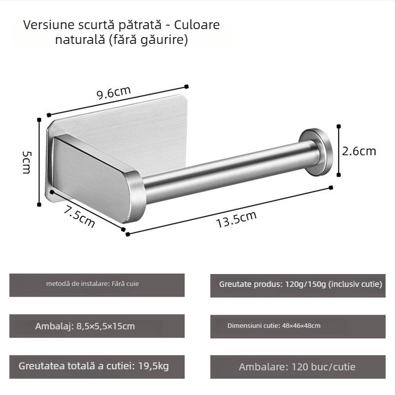 Suport hârtie igienică Yong Qi, oțel inoxidabil 304, montaj pe perete, auto-adeziv, design pătrat