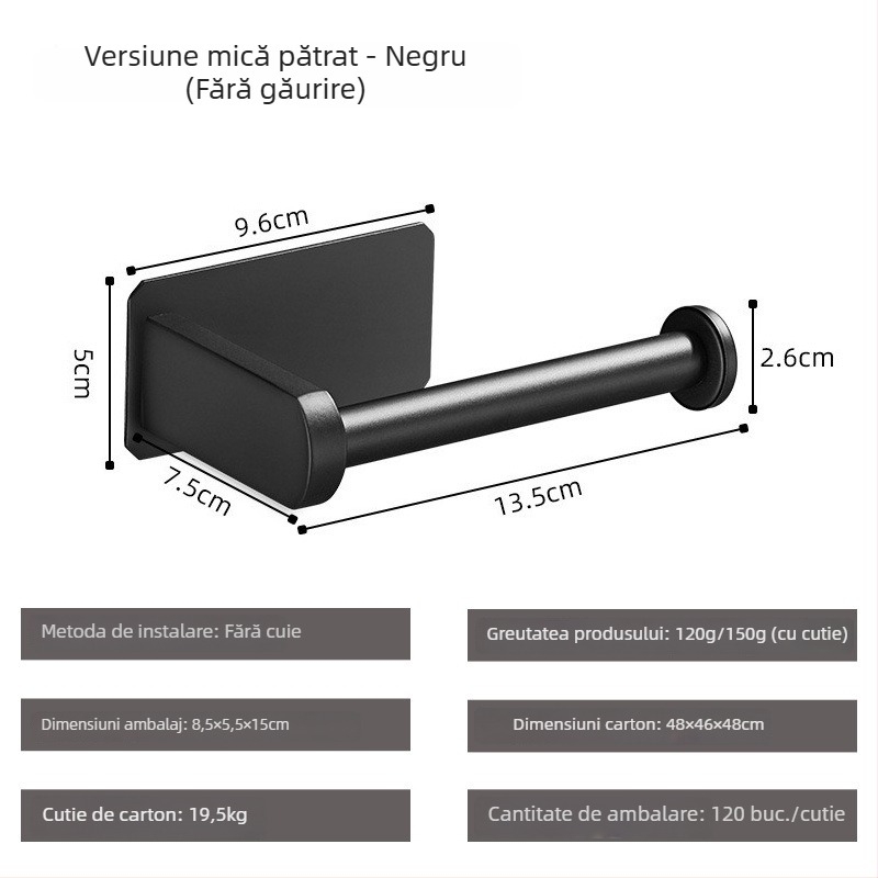 Suport hârtie igienică Yong Qi, oțel inoxidabil 304, montaj pe perete, auto-adeziv, design pătrat