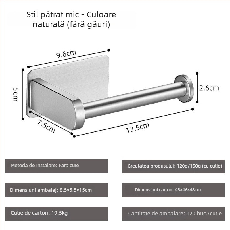 Suport hârtie igienică Yong Qi, oțel inoxidabil 304, montaj pe perete, auto-adeziv, design pătrat