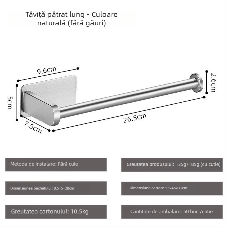 Suport hârtie igienică Yong Qi, oțel inoxidabil 304, montaj pe perete, auto-adeziv, design pătrat
