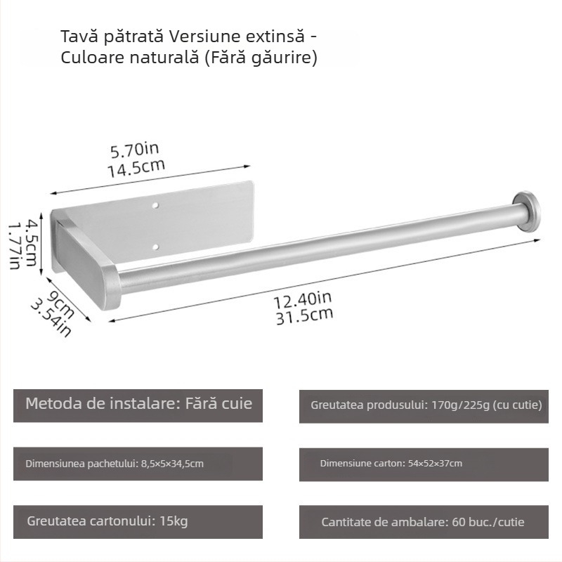 Suport hârtie igienică Yong Qi, oțel inoxidabil 304, montaj pe perete, auto-adeziv, design pătrat