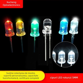 F5 LED indicator plug-in, iluminare de înaltă intensitate, cap rotund, 2.8–3.0 V, 20 mA, 0.06 W, unghi de fascicul 15–20°, eficiența luminoasă 90