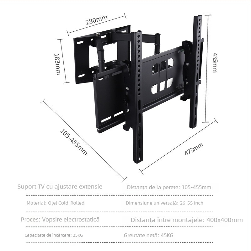 Suport telescopic rotativ pentru televizor/LCD pe perete, cadru metalic, control mecanic, încărcare 15 kg+