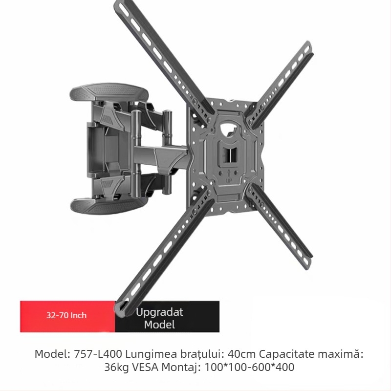 Suport TV de perete cu rotire telescopic NB757-L400 (Greutate maximă 15 kg, Control mecanic, Braț din fier, Montare pe perete)