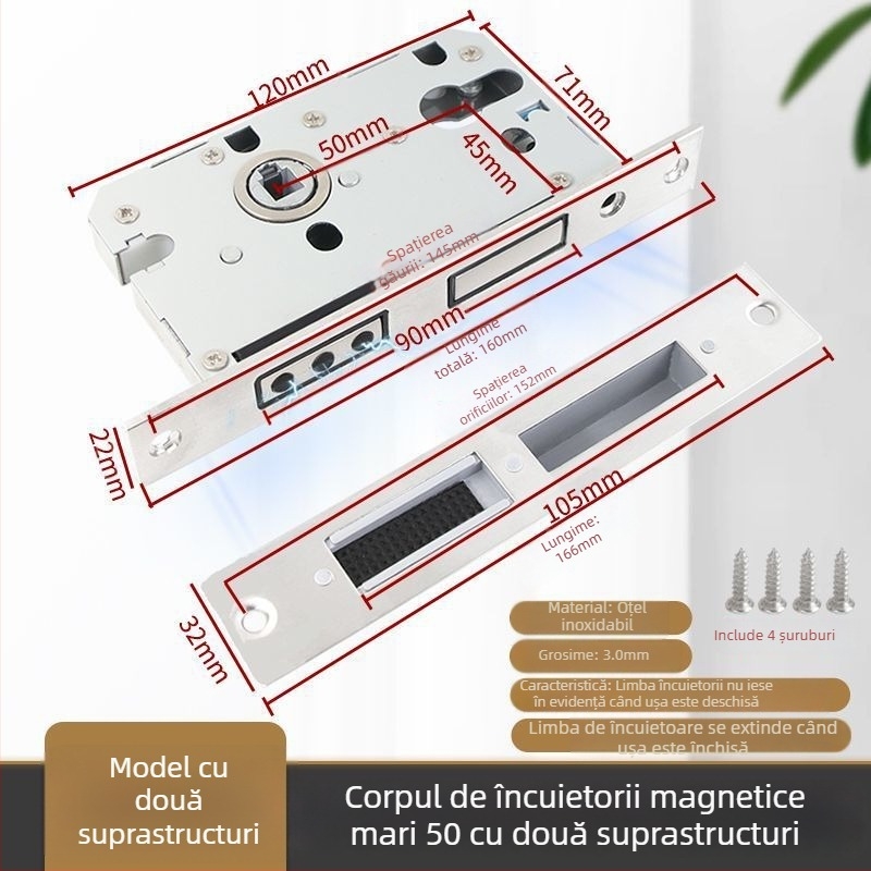 Corp de încuietoare pentru uși din lemn, oțel inoxidabil, mecanism magnetic silențios, model CXST-001, greutate 200–400 g