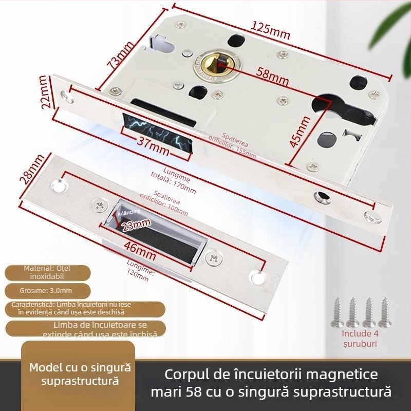 Corp de încuietoare pentru uși din lemn, oțel inoxidabil, mecanism magnetic silențios, model CXST-001, greutate 200–400 g