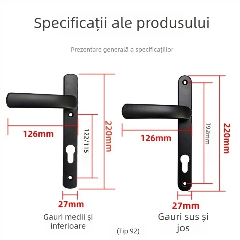 Mâner ușă balcon cu încuietoare, aliaj de aluminiu, model Plastic-Steel, tip 85/92, încuietoare cu un singur punct, pentru uși de sticlă din dormitor/balcon