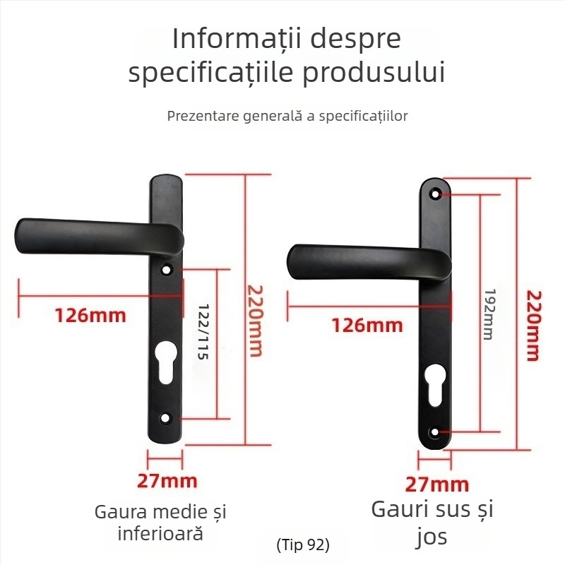 Mâner ușă balcon cu încuietoare, aliaj de aluminiu, model Plastic-Steel, tip 85/92, încuietoare cu un singur punct, pentru uși de sticlă din dormitor/balcon