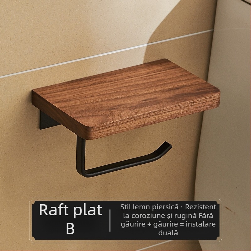 Suport montat pe perete pentru hârtie igienică și cutie pentru șervețele – fără găuri, design pătrat, stil light luxury, material: lemn și aluminiu
