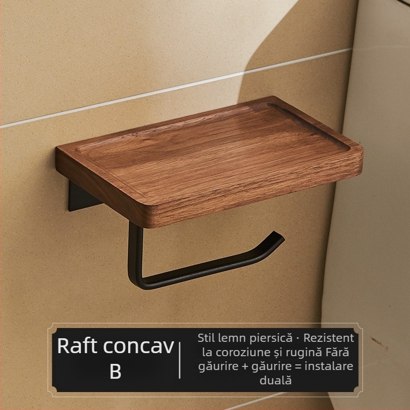 Suport montat pe perete pentru hârtie igienică și cutie pentru șervețele – fără găuri, design pătrat, stil light luxury, material: lemn și aluminiu