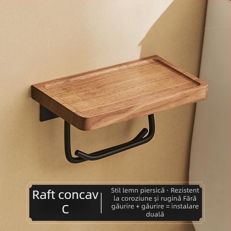 Suport montat pe perete pentru hârtie igienică și cutie pentru șervețele – fără găuri, design pătrat, stil light luxury, material: lemn și aluminiu