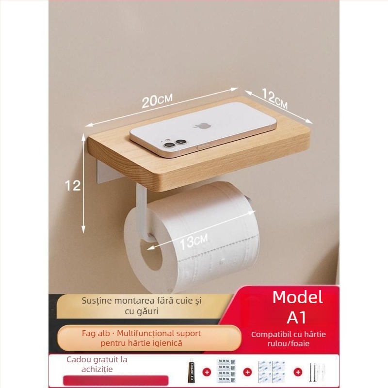 Suport montat pe perete pentru hârtie igienică și cutie pentru șervețele – fără găuri, design pătrat, stil light luxury, material: lemn și aluminiu