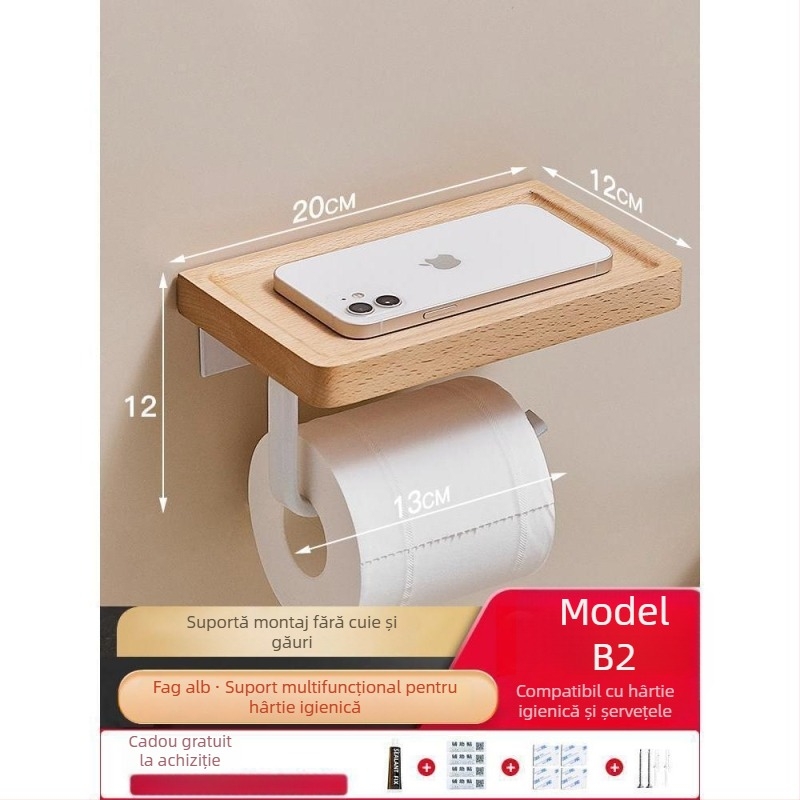 Suport montat pe perete pentru hârtie igienică și cutie pentru șervețele – fără găuri, design pătrat, stil light luxury, material: lemn și aluminiu