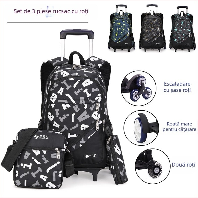 Ghiozdan cu rotile pentru băieți, școala primară, model 9124#, din nailon; respirabil, rezistent la uzură, reduce încărcarea.