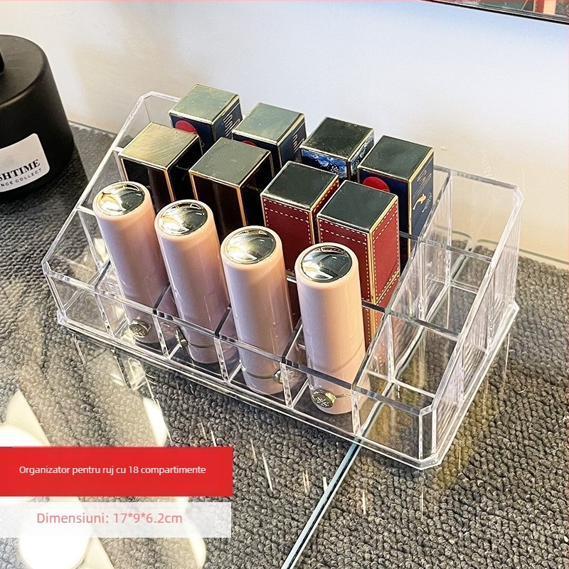 Cutie de depozitare pentru produse cosmetice din acrilic transparent, cu compartimente — organizator de machiaj pe birou, stil modern minimalist