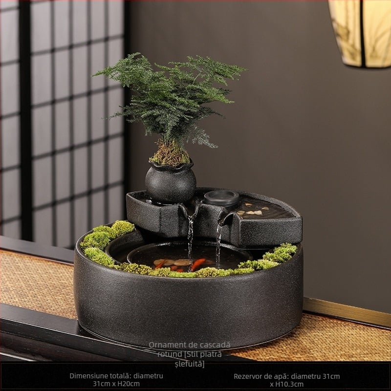 Fântână ceramică cu flux de apă – mini peisaj pentru living și birou, glazurată, pictată, în stil Nou Chinezesc (Material: Ceramică; Suprafață: Glazurată; Meșteșug: Pictat; Stil: Stil Chinez Nou)