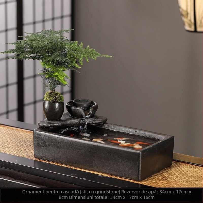 Fântână ceramică cu flux de apă – mini peisaj pentru living și birou, glazurată, pictată, în stil Nou Chinezesc (Material: Ceramică; Suprafață: Glazurată; Meșteșug: Pictat; Stil: Stil Chinez Nou)