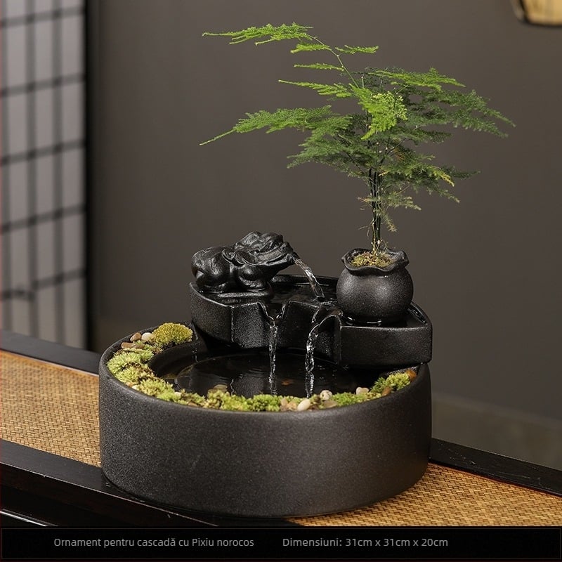 Fântână ceramică cu flux de apă – mini peisaj pentru living și birou, glazurată, pictată, în stil Nou Chinezesc (Material: Ceramică; Suprafață: Glazurată; Meșteșug: Pictat; Stil: Stil Chinez Nou)