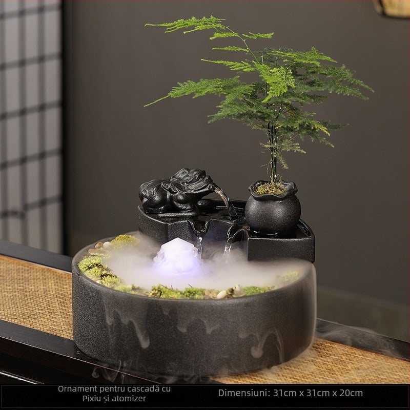 Fântână ceramică cu flux de apă – mini peisaj pentru living și birou, glazurată, pictată, în stil Nou Chinezesc (Material: Ceramică; Suprafață: Glazurată; Meșteșug: Pictat; Stil: Stil Chinez Nou)