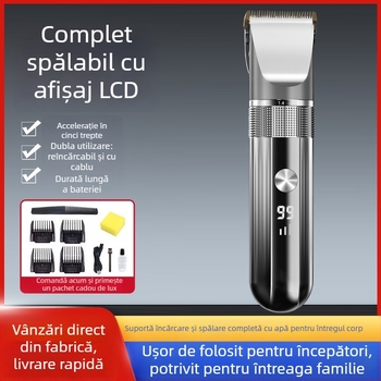 Mașină de tuns păr pentru adulți și copii, profesională pentru salon, afișaj inteligent al puterii, impermeabilă, lame ceramice, baterie încorporată 1200–2000 mAh, autonomie 1–3 ore