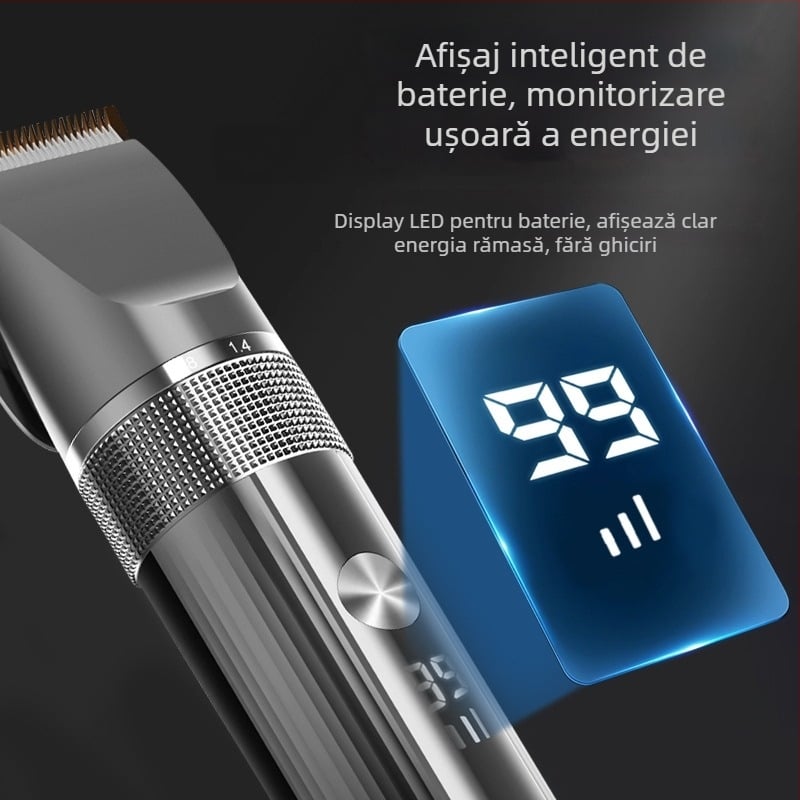 Mașină de tuns păr pentru adulți și copii, profesională pentru salon, afișaj inteligent al puterii, impermeabilă, lame ceramice, baterie încorporată 1200–2000 mAh, autonomie 1–3 ore
