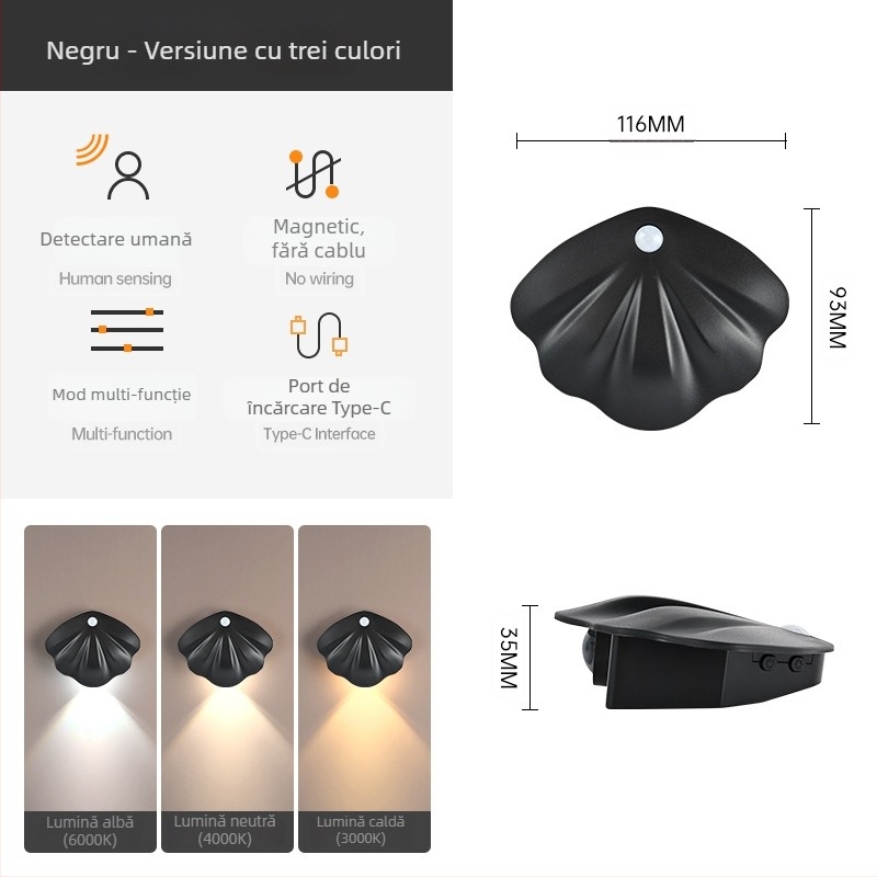 Lampă de noapte LED reîncărcabilă cu senzor de mișcare, iluminare de perete magnetică fără cabluri, lampă cu număr de casă