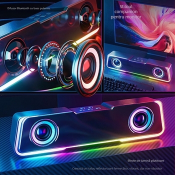 Boxă Bluetooth pentru desktop, 2 difuzoare, 5W, Bluetooth 5.3, 100 Hz–20 kHz, rază 10 m