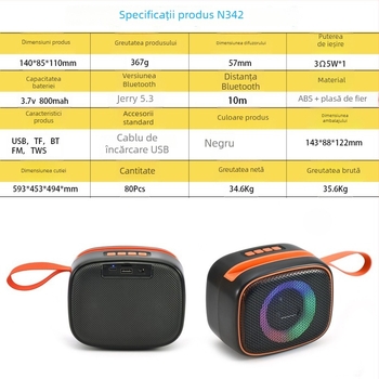 Boxă Bluetooth externă cu Bluetooth 5.3, FM, slot pentru card și USB, iluminare LED, baterie încorporată