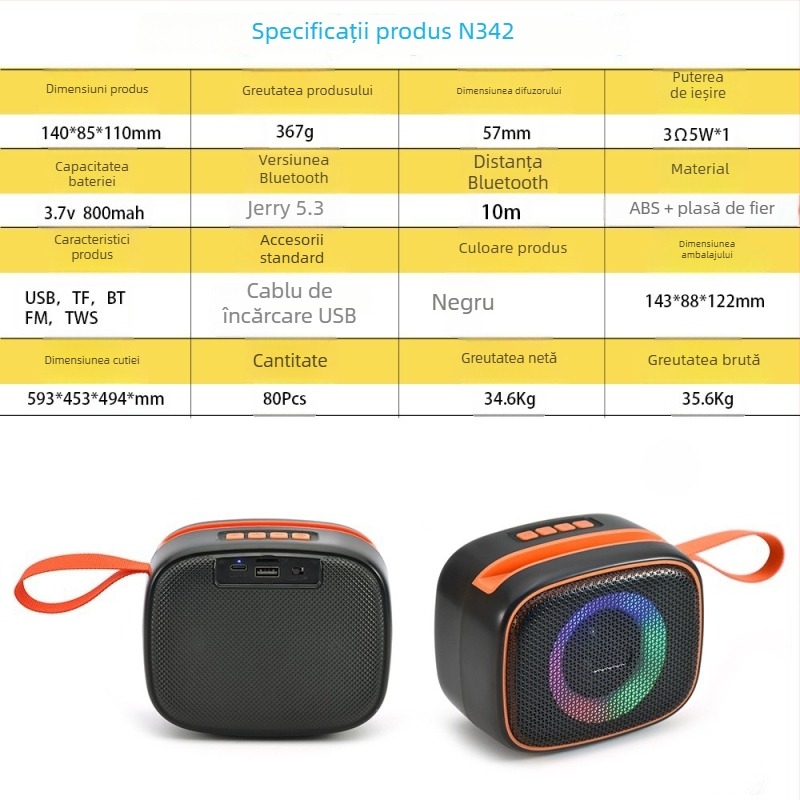 Boxă Bluetooth externă cu Bluetooth 5.3, FM, slot pentru card și USB, iluminare LED, baterie încorporată