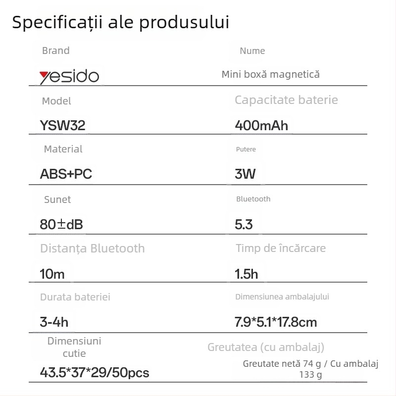Yesido difuzor Bluetooth cu lumină ambientală, Bluetooth 5.3, interval de frecvență 150 Hz–20 kHz, SNR ≥70 dB, rază de acțiune ≤10 m, putere 3 W