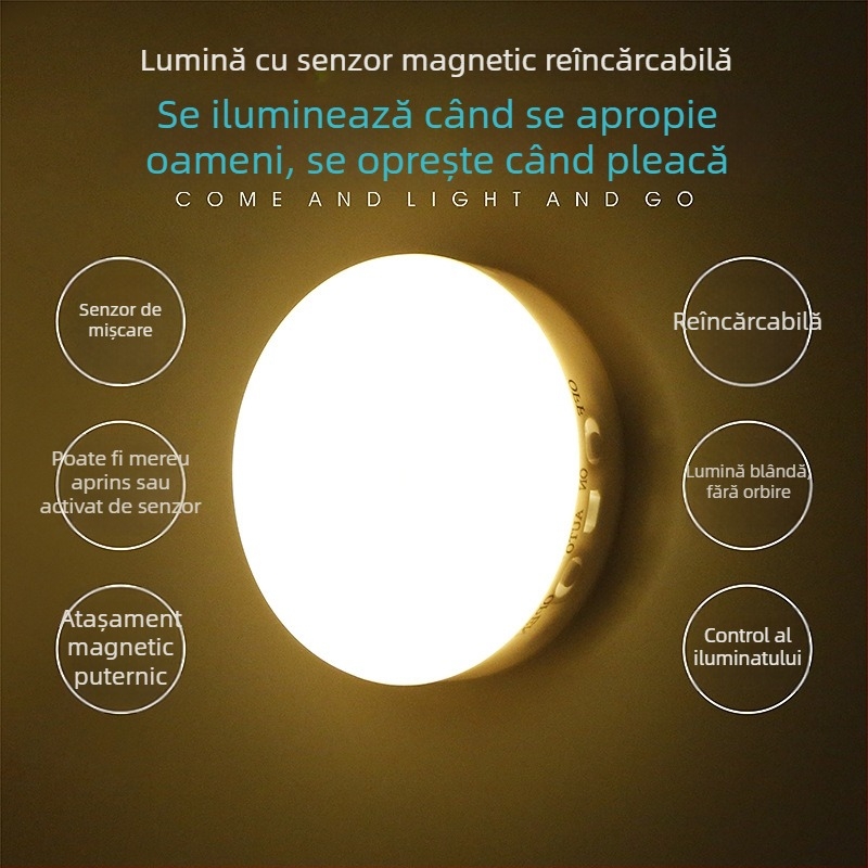 Lumină de noapte cu senzor de mișcare, control al luminii, alimentare pe baterie, montaj magnetic, LED, model SNL-2, abajur PC, pentru coridor, hol de hotel și casă