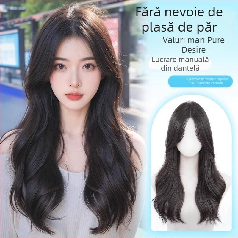 Perucă dantelată pentru femei, cu parte medie, păr voluminos cu valuri mari; fibre rezistente la căldură, model: bucată dantelată, tehnologie: mecanism; nu se poate vopsi sau trata prin perm