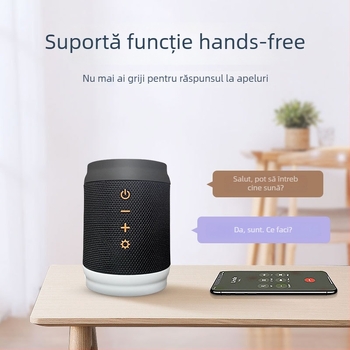 Difuzor Bluetooth portabil cu husă textilă și iluminare ambientală pentru exterior; 5W, Bluetooth 5.0, IPX3, rază 10 m, 100Hz–20kHz, SNR ≥75dB.
