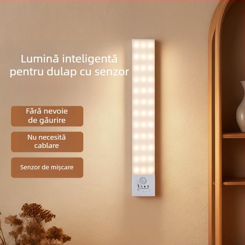 Lumină de noapte pentru dulap cu montaj magnetic, temperatură de culoare în trei trepte, senzor de mișcare, baterie reîncărcabilă, abajur din aluminiu