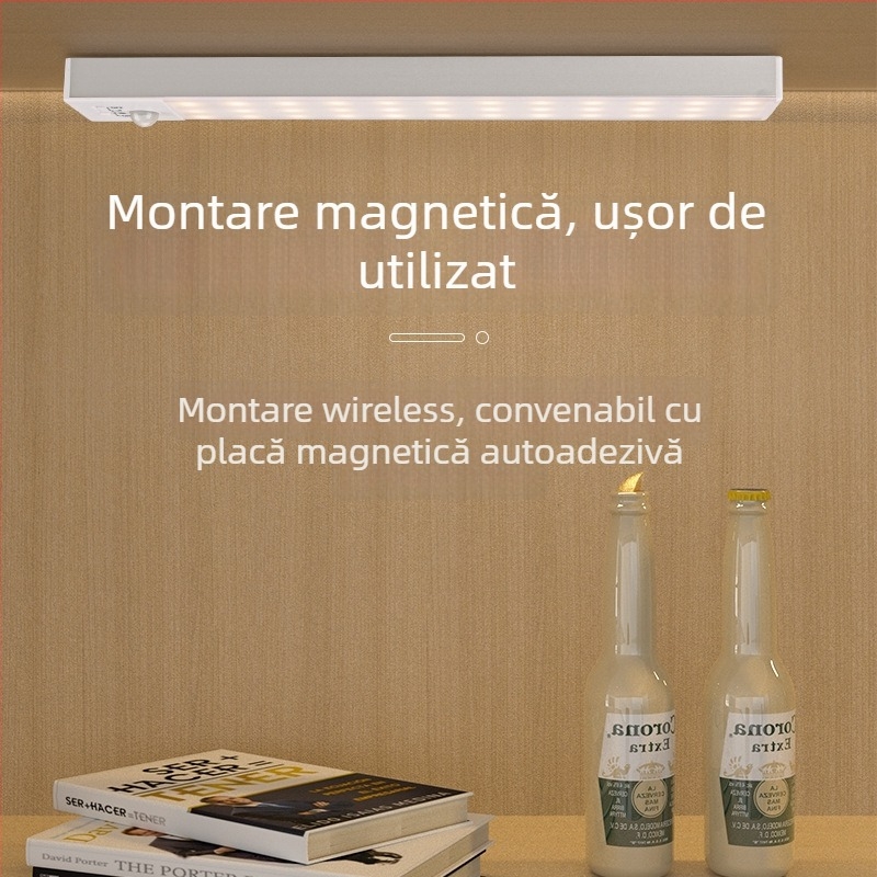 Lumină de noapte pentru dulap cu montaj magnetic, temperatură de culoare în trei trepte, senzor de mișcare, baterie reîncărcabilă, abajur din aluminiu