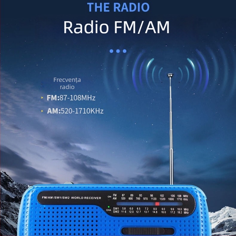 Lampa LED de exterior pentru urgențe cu radio FM/AM, solară și manivelă, încărcare USB, receptor multi-band, 3.7V, 0.14W, 1000–1999mAh, frecvențe 20–3000
