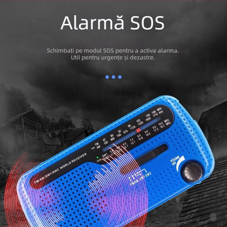 Lampa LED de exterior pentru urgențe cu radio FM/AM, solară și manivelă, încărcare USB, receptor multi-band, 3.7V, 0.14W, 1000–1999mAh, frecvențe 20–3000