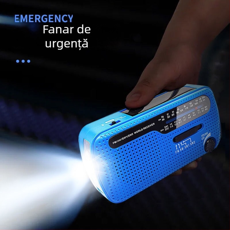 Lampa LED de exterior pentru urgențe cu radio FM/AM, solară și manivelă, încărcare USB, receptor multi-band, 3.7V, 0.14W, 1000–1999mAh, frecvențe 20–3000
