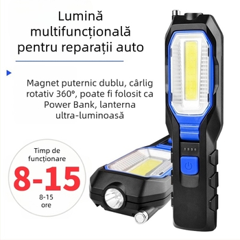 Lampa de lucru magnetică reîncărcabilă cu LED COB, 10W, baterie 1800mAh, pentru reparații auto și activități în aer liber, rază 50-100 m