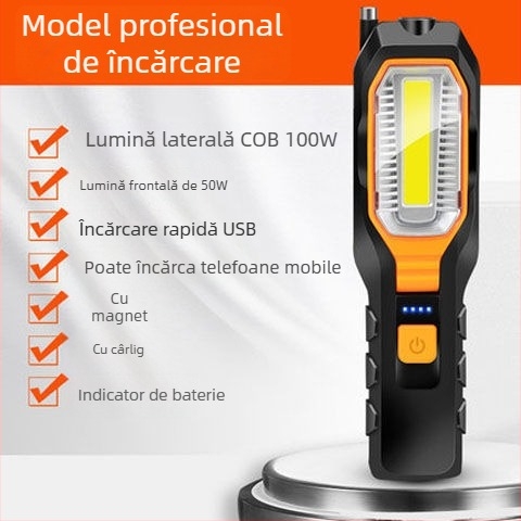 Lampa de lucru magnetică reîncărcabilă cu LED COB, 10W, baterie 1800mAh, pentru reparații auto și activități în aer liber, rază 50-100 m