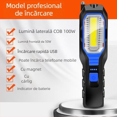 Lampa de lucru magnetică reîncărcabilă cu LED COB, 10W, baterie 1800mAh, pentru reparații auto și activități în aer liber, rază 50-100 m