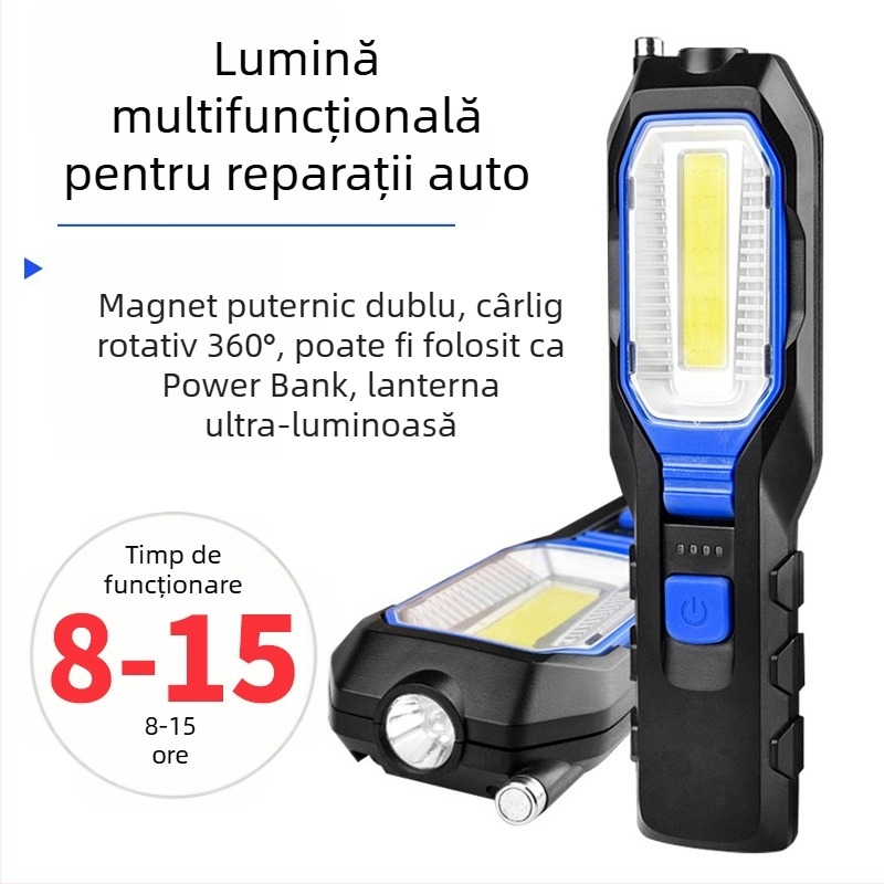Lampa de lucru magnetică reîncărcabilă cu LED COB, 10W, baterie 1800mAh, pentru reparații auto și activități în aer liber, rază 50-100 m