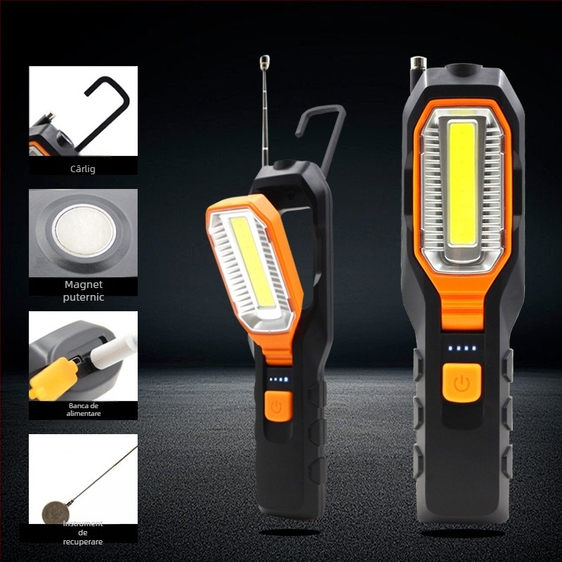 Lampa de lucru magnetică reîncărcabilă cu LED COB, 10W, baterie 1800mAh, pentru reparații auto și activități în aer liber, rază 50-100 m