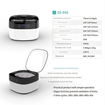 Mașină de curățare cu ultrasunete all-in-one pentru uz casnic, model ZX-956, 43 kHz, 35 W, 1 slot