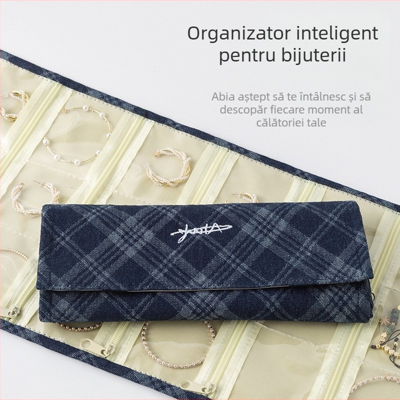 Geantă pentru bijuterii de călătorie – din pânză, cu dungă (STP10202, stil lejer, construcție moale)